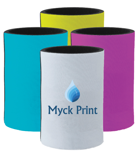 Four stubby holders in cyan, magenta, yellow and white, the white one printed with the Myck Print logo